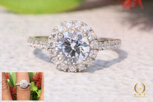 Load image into Gallery viewer, 2.11 CTW Round Cut Colorless Moissanite Engagement Ring, Halo 0.58 Accented Real Diamond Pave Set Ring,Cathedral Wedding Ring, Bridal Ring