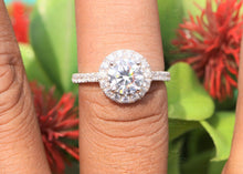 Load image into Gallery viewer, 2.11 CTW Round Cut Colorless Moissanite Engagement Ring, Halo 0.58 Accented Real Diamond Pave Set Ring,Cathedral Wedding Ring, Bridal Ring