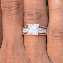 Load image into Gallery viewer, 2.23Ct Princess EF Colorless Moissanite Engagement Ring with 0.78Ct Princess Moissanite On Shank, Gold Split Shank Solitaire Wedding Ring