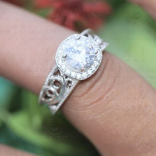 Load image into Gallery viewer, 2.78Ctw Round Cut Colorless Antique Engagement Ring 14k White Gold Halo Ring Milgrain Band Moissanite On Side, Anniversary Gift For her