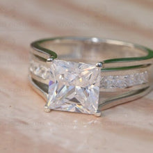 Load image into Gallery viewer, 2.23Ct Princess EF Colorless Moissanite Engagement Ring with 0.78Ct Princess Moissanite On Shank, Gold Split Shank Solitaire Wedding Ring