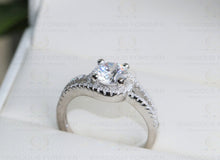Load image into Gallery viewer, Twisted Band Wedding Ring, Proposal Ring, Colorless Moissanite Round Certified Diamond Accented Halo Engagement Ring, 14K Gold Ring, Double Band Ring, Halo Bypass Style Moissanite Ring | White Gold Engagement Ring For Her | Moissanite Engagement Ring