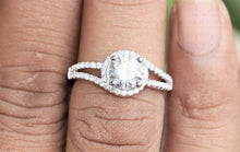 Load image into Gallery viewer, Twisted Band Wedding Ring, Proposal Ring, Colorless Moissanite Round Certified Diamond Accented Halo Engagement Ring, 14K Gold Ring, Double Band Ring, Halo Bypass Style Moissanite Ring | White Gold Engagement Ring For Her | Moissanite Engagement Ring