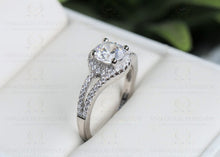 Load image into Gallery viewer, Twisted Band Wedding Ring, Proposal Ring, Colorless Moissanite Round Certified Diamond Accented Halo Engagement Ring, 14K Gold Ring, Double Band Ring, Halo Bypass Style Moissanite Ring | White Gold Engagement Ring For Her | Moissanite Engagement Ring