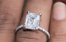 Load image into Gallery viewer, 3.67CT Colorless Emerald Cut Moissanite Solitaire Ring / Colorless Moissanite Gold side Paved Real Diamond VS/FG Engagement Ring / Special Gift Ring For Her