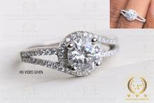 Load image into Gallery viewer, Twisted Band Wedding Ring, Proposal Ring, Colorless Moissanite Round Certified Diamond Accented Halo Engagement Ring, 14K Gold Ring, Double Band Ring, Halo Bypass Style Moissanite Ring | White Gold Engagement Ring For Her | Moissanite Engagement Ring