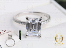 Load image into Gallery viewer, 3.67CT Colorless Emerald Cut Moissanite Solitaire Ring / Colorless Moissanite Gold side Paved Real Diamond VS/FG Engagement Ring / Special Gift Ring For Her