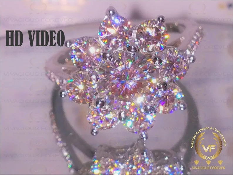 2.67Ctw On Flower Shape Halo Forever One Moissanite Engagement Ring with 0.34ct Moissanite on Shank, 14K Gold Wedding Ring, Art Deco Ring