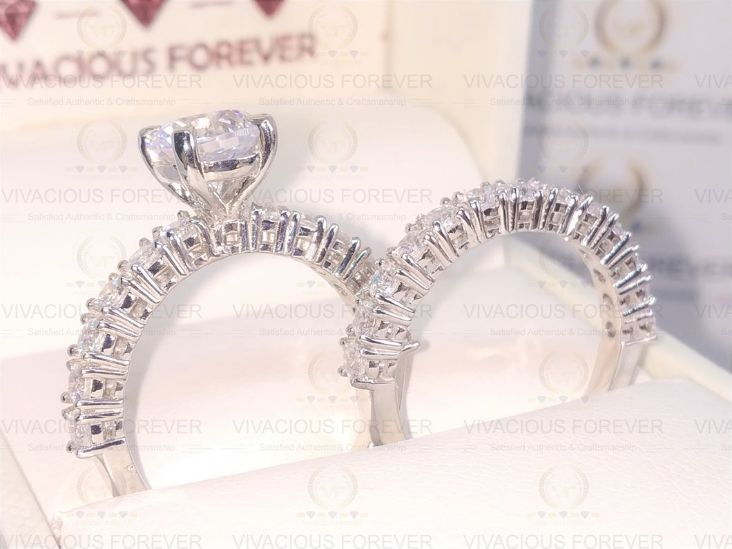 3.68 TCW Round Cut Colorless Moissanite Ring, Matching Double Prong Wedding Band, Bridal Set, Half Eternity Band, White/Yellow/Rose Gold Set