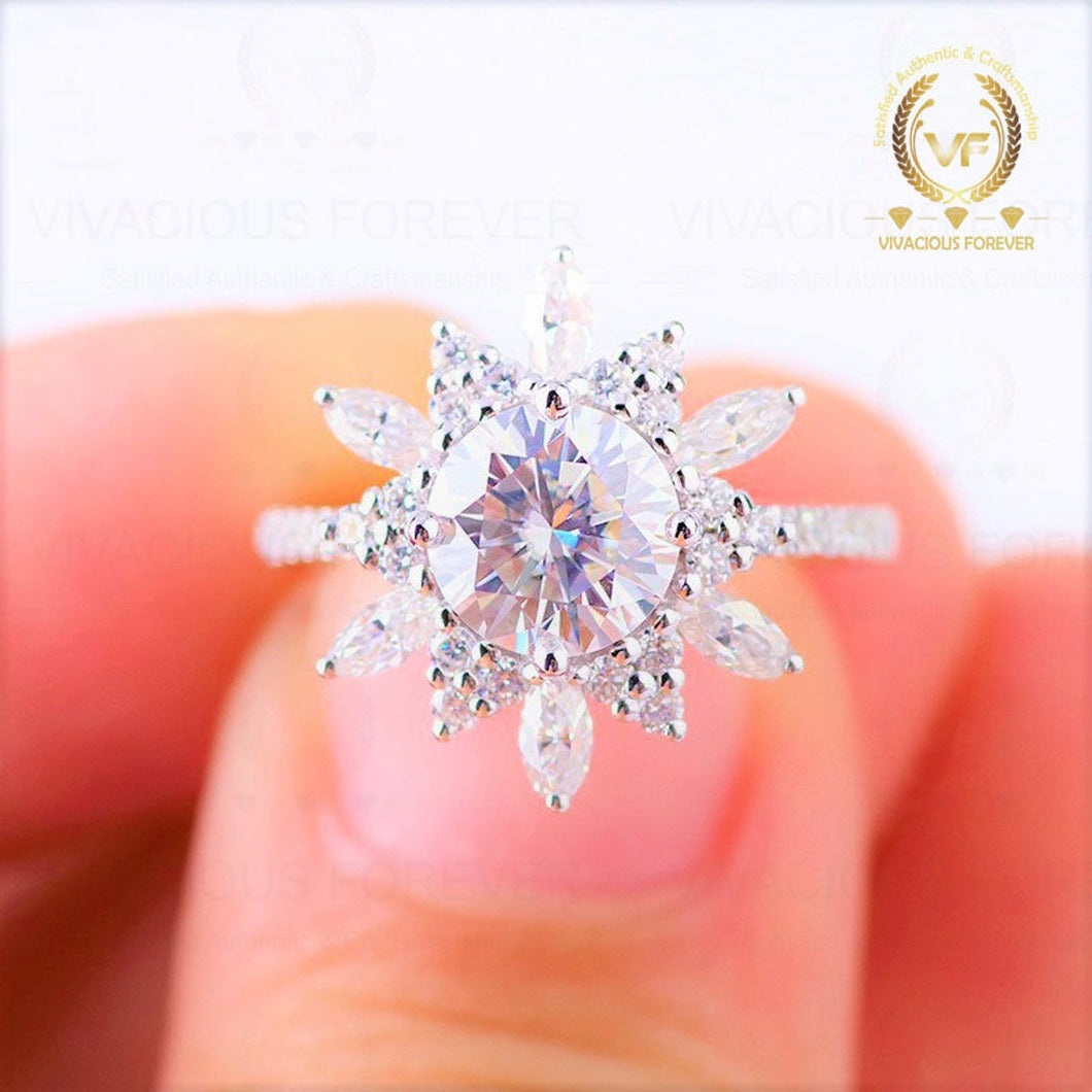 2ct Flower Style Round Froever One Colorless Moissanite Engagement Ring With 1.2ct Natural Diamond Side,14K Gold Wedding Ring, Promise Ring