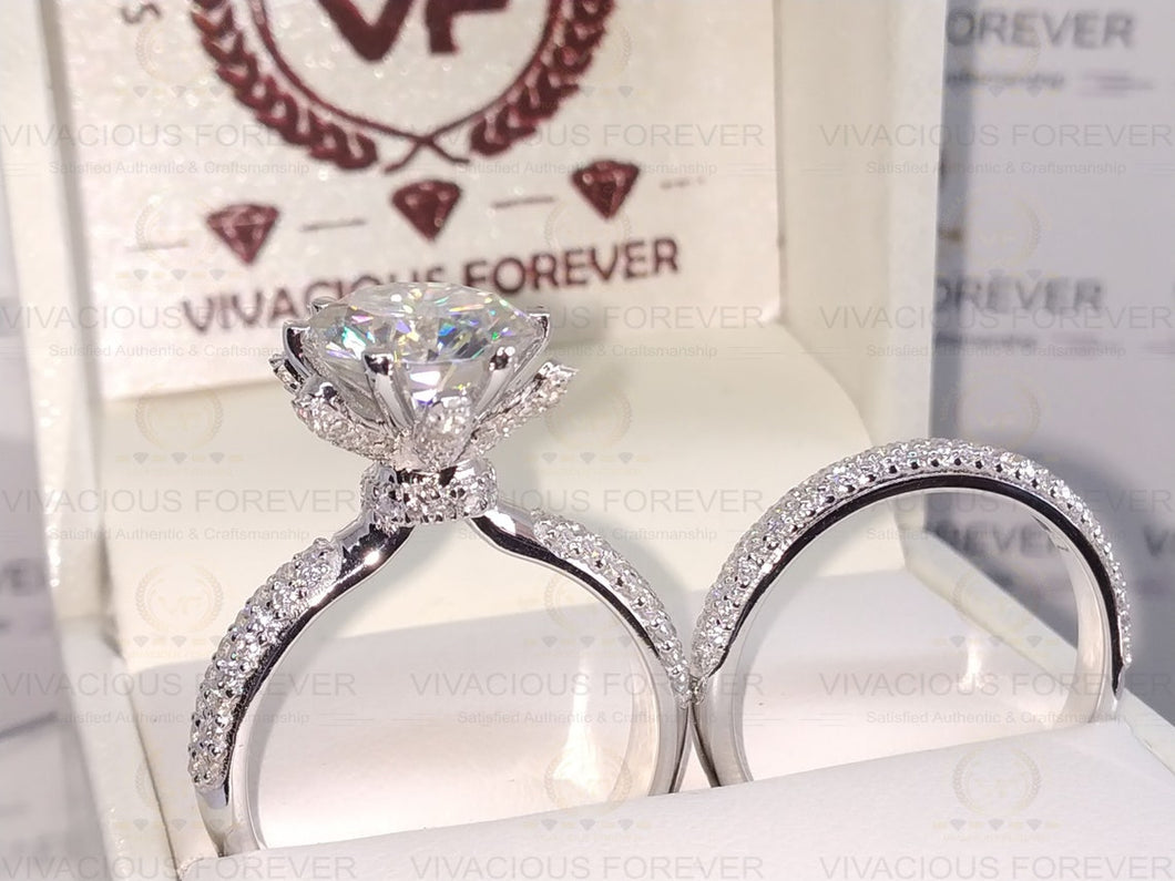 3.89CT Round Forever One DEF Moissanite Ring,1.31Ct Moissanite On Accent Ring Gift,Engagement Ring Set,Wedding Ring Set, Art Deco Bridal Set, Accented Certified Real Diamond Side Stone.