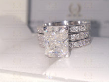 Load image into Gallery viewer, 5.32 TCW Radiant Cut Colorless Moissanite Ring Set, Moissanite Matching band Anniversary Ring Set, Trio Set, Matching Band, Wedding Ring Set
