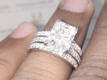 Load image into Gallery viewer, 5.32 TCW Radiant Cut Colorless Moissanite Ring Set, Moissanite Matching band Anniversary Ring Set, Trio Set, Matching Band, Wedding Ring Set
