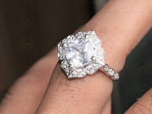 Load image into Gallery viewer, Colorless Moissanite 3.15CT Cushion Halo Solid Gold Engagement Ring, Accented By 0.51CT Moissanite Forever 14K White Gold Engagement Ring , Accented Certified Real Diamond Side Stone
