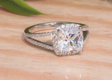 Load image into Gallery viewer, 2.5CTW Halo Cushion Cut Colorless Sparkle Moissanite Engagement Ring with 0.64ct of Natural Diamonds on Side, 14K White Gold Wedding Ring
