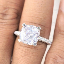 Load image into Gallery viewer, Colorless Forever 10mm Cushion Engagement Ring 4.80Ct Solid 18Kt White Gold,1.12ct Pave Accented Moissanite Engagement Ring,Custom Made Ring
