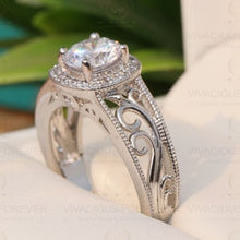 Load image into Gallery viewer, 2.78Ctw Round Cut Colorless Antique Engagement Ring 14k White Gold Halo Ring Milgrain Band Moissanite On Side, Anniversary Gift For her
