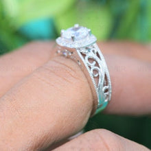 Load image into Gallery viewer, 2.78Ctw Round Cut Colorless Antique Engagement Ring 14k White Gold Halo Ring Milgrain Band Moissanite On Side, Anniversary Gift For her
