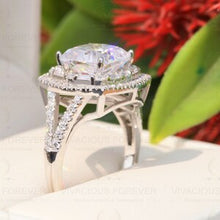 Load image into Gallery viewer, 5.12 CTW Colorless Cushion Moissanite Ring Halo Ring Engagement Ring, Accented Moissanite Baguette On Side Promise Ring For Gift, White Gold
