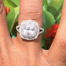 Load image into Gallery viewer, 5.12 CTW Colorless Cushion Moissanite Ring Halo Ring Engagement Ring, Accented Moissanite Baguette On Side Promise Ring For Gift, White Gold
