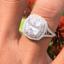 Load image into Gallery viewer, 5.12 CTW Colorless Cushion Moissanite Ring Halo Ring Engagement Ring, Accented Moissanite Baguette On Side Promise Ring For Gift, White Gold
