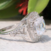 Load image into Gallery viewer, 5.12 CTW Colorless Cushion Moissanite Ring Halo Ring Engagement Ring, Accented Moissanite Baguette On Side Promise Ring For Gift, White Gold
