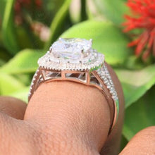 Load image into Gallery viewer, 5.12 CTW Colorless Cushion Moissanite Ring Halo Ring Engagement Ring, Accented Moissanite Baguette On Side Promise Ring For Gift, White Gold
