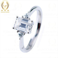 Load image into Gallery viewer, 9x7mm Emerald Cut Three Stone Forever One Moissanite Engagement Ring 0.50ct Trillion Cut on Side,Wedding Ring,Promise Ring,Art Deco Ring, Real Lab Diamond Ring
