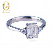Load image into Gallery viewer, 9x7mm Emerald Cut Three Stone Forever One Moissanite Engagement Ring 0.50ct Trillion Cut on Side,Wedding Ring,Promise Ring,Art Deco Ring, Real Lab Diamond Ring
