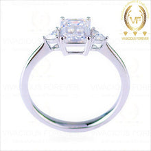 Load image into Gallery viewer, 9x7mm Emerald Cut Three Stone Forever One Moissanite Engagement Ring 0.50ct Trillion Cut on Side,Wedding Ring,Promise Ring,Art Deco Ring, Real Lab Diamond Ring
