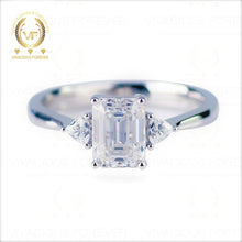 Load image into Gallery viewer, 9x7mm Emerald Cut Three Stone Forever One Moissanite Engagement Ring 0.50ct Trillion Cut on Side,Wedding Ring,Promise Ring,Art Deco Ring, Real Lab Diamond Ring
