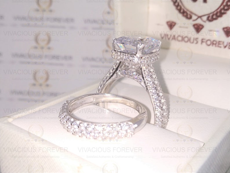 3.78Ct Emerald Cut Colorless Moissanite Ring, 1.56Ct Moissanite On Band,Hidden Halo Ring,Engagement Ring Set, Wedding Ring Set, Bridal Sets