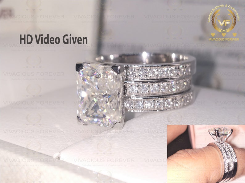 5.32 TCW Radiant Cut Colorless Moissanite Ring Set, Moissanite Matching band Anniversary Ring Set, Trio Set, Matching Band, Wedding Ring Set