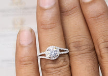 Load image into Gallery viewer, Twisted Band Wedding Ring, Proposal Ring, Colorless Moissanite Round Certified Diamond Accented Halo Engagement Ring, 14K Gold Ring, Double Band Ring, Halo Bypass Style Moissanite Ring | White Gold Engagement Ring For Her | Moissanite Engagement Ring
