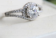 Load image into Gallery viewer, Twisted Band Wedding Ring, Proposal Ring, Colorless Moissanite Round Certified Diamond Accented Halo Engagement Ring, 14K Gold Ring, Double Band Ring, Halo Bypass Style Moissanite Ring | White Gold Engagement Ring For Her | Moissanite Engagement Ring
