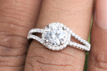 Load image into Gallery viewer, Twisted Band Wedding Ring, Proposal Ring, Colorless Moissanite Round Certified Diamond Accented Halo Engagement Ring, 14K Gold Ring, Double Band Ring, Halo Bypass Style Moissanite Ring | White Gold Engagement Ring For Her | Moissanite Engagement Ring
