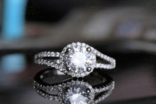 Load image into Gallery viewer, Twisted Band Wedding Ring, Proposal Ring, Colorless Moissanite Round Certified Diamond Accented Halo Engagement Ring, 14K Gold Ring, Double Band Ring, Halo Bypass Style Moissanite Ring | White Gold Engagement Ring For Her | Moissanite Engagement Ring
