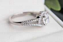 Load image into Gallery viewer, Twisted Band Wedding Ring, Proposal Ring, Colorless Moissanite Round Certified Diamond Accented Halo Engagement Ring, 14K Gold Ring, Double Band Ring, Halo Bypass Style Moissanite Ring | White Gold Engagement Ring For Her | Moissanite Engagement Ring
